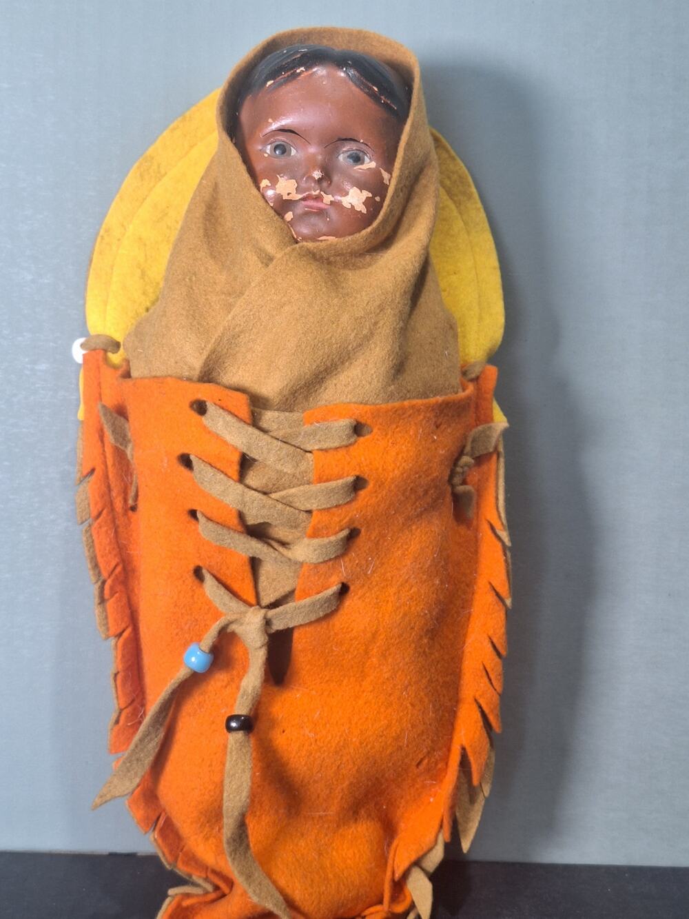 Vintage 1940s Composition Cradleboard Doll Native American Doll 15"